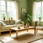 **

"Sunlit living room with sheer curtains, indoor plants, wooden furniture, and a small water fountain. Soft green walls, jute rug, natural light streaming through south-facing windows. Serene and inviting atmosphere."

**