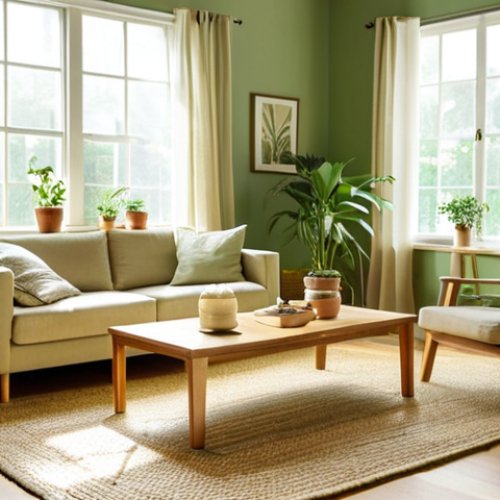 **

"Sunlit living room with sheer curtains, indoor plants, wooden furniture, and a small water fountain. Soft green walls, jute rug, natural light streaming through south-facing windows. Serene and inviting atmosphere."

**