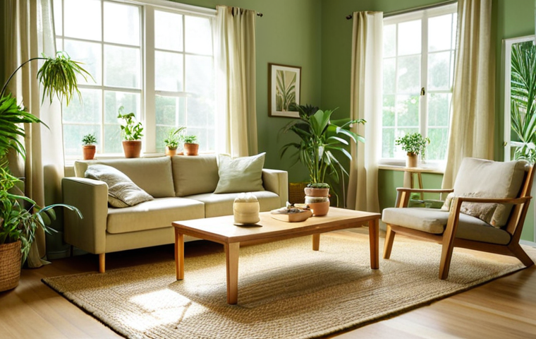 **
"Sunlit living room with sheer curtains, indoor plants, wooden furniture, and a small water fountain. Soft green walls, jute rug, natural light streaming through south-facing windows. Serene and inviting atmosphere."
**
