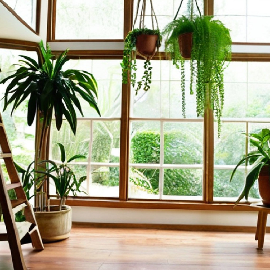 **

A bright, airy living room filled with natural light streaming through large windows. Lush indoor plants are displayed in creative ways - some hanging in macramé planters, others arranged on a repurposed wooden ladder. The color palette is dominated by earth tones and green hues. A small indoor fountain sits on a side table, creating a calming ambiance. The flooring is solid hardwood.

**