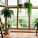 **

A bright, airy living room filled with natural light streaming through large windows. Lush indoor plants are displayed in creative ways - some hanging in macramé planters, others arranged on a repurposed wooden ladder. The color palette is dominated by earth tones and green hues. A small indoor fountain sits on a side table, creating a calming ambiance. The flooring is solid hardwood.

**