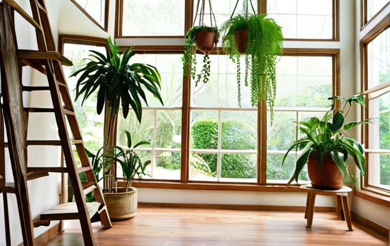 **
A bright, airy living room filled with natural light streaming through large windows. Lush indoor plants are displayed in creative ways - some hanging in macramé planters, others arranged on a repurposed wooden ladder. The color palette is dominated by earth tones and green hues. A small indoor fountain sits on a side table, creating a calming ambiance. The flooring is solid hardwood.
**