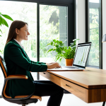A professional individual, fully clothed in a modest business casual outfit, sits naturally at a sleek wooden desk in a sunlit biophilic home office. Lush green plants cascade from shelves, and large windows offer a view of calming natural light. The desk is clear, promoting focus and productivity. The image features perfect anatomy, correct proportions, well-formed hands, and proper finger count. Professional photography, high quality, safe for work, appropriate content, family-friendly.