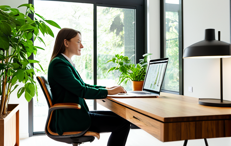 A professional individual, fully clothed in a modest business casual outfit, sits naturally at a sleek wooden desk in a sunlit biophilic home office. Lush green plants cascade from shelves, and large windows offer a view of calming natural light. The desk is clear, promoting focus and productivity. The image features perfect anatomy, correct proportions, well-formed hands, and proper finger count. Professional photography, high quality, safe for work, appropriate content, family-friendly.