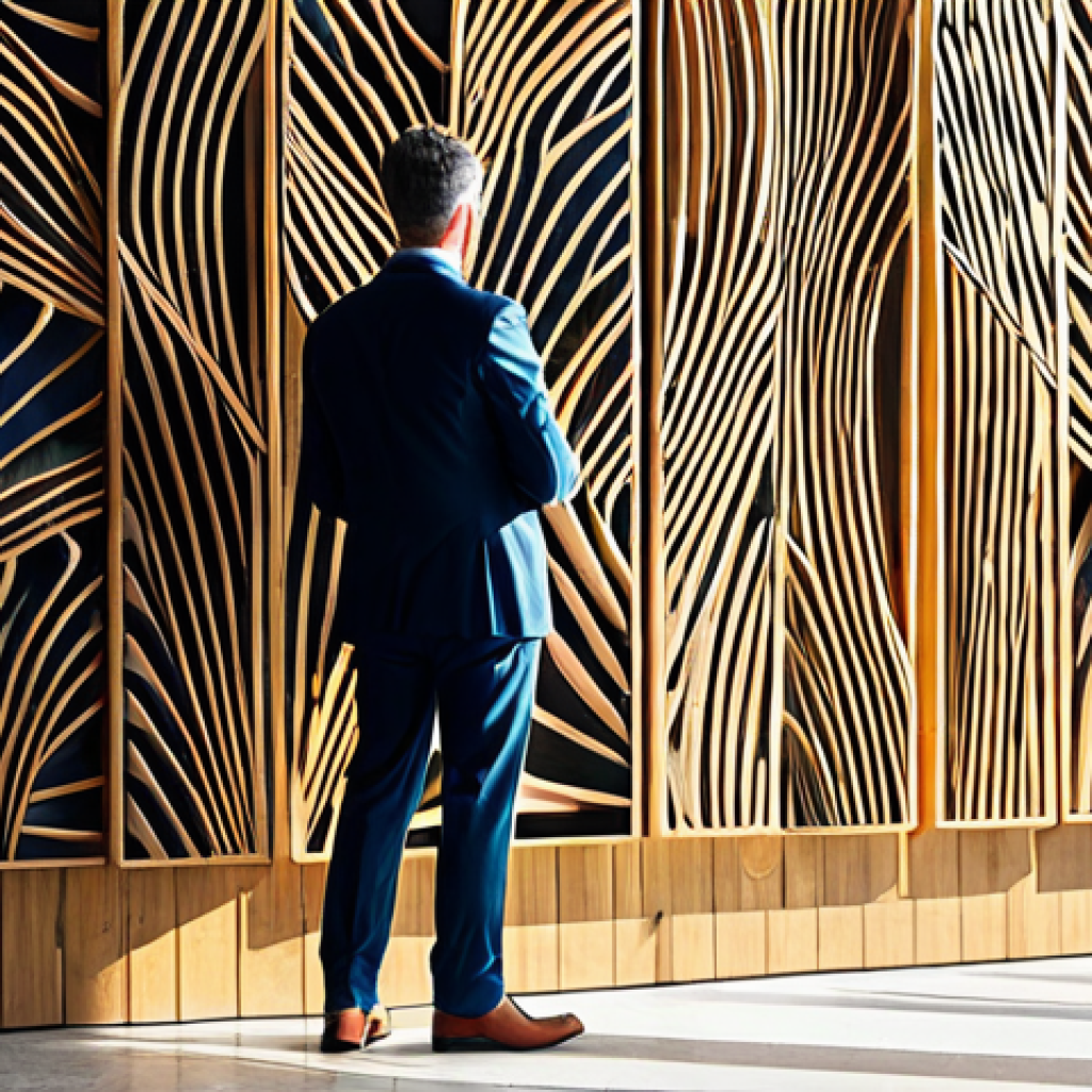 A professional interior designer in a modest business suit, observing a large, abstract biophilic wall installation. The art features intricate organic patterns and textures of reclaimed wood and natural fibers, casting subtle, dappled shadows across a modern, sunlit office wall. The space is filled with abundant natural light. fully clothed, appropriate attire, safe for work, perfect anatomy, correct proportions, natural pose, professional dress, well-formed hands, proper finger count, natural body proportions, professional, family-friendly, high-quality photography.