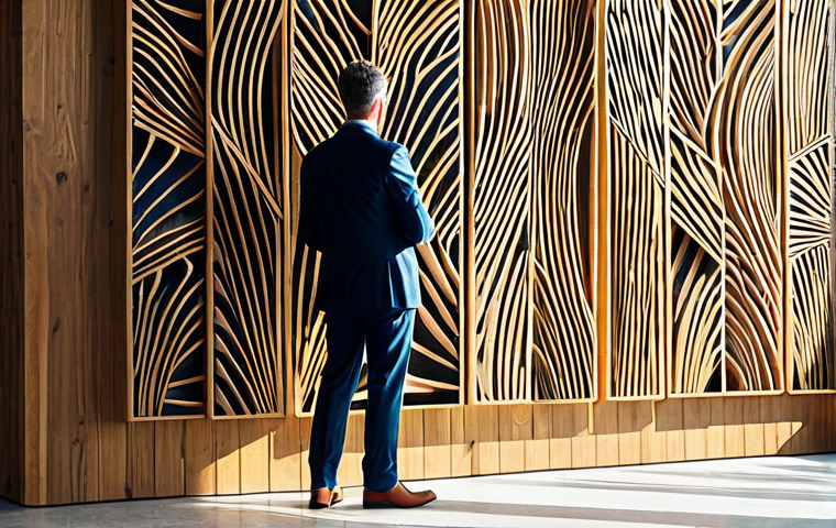 A professional interior designer in a modest business suit, observing a large, abstract biophilic wall installation. The art features intricate organic patterns and textures of reclaimed wood and natural fibers, casting subtle, dappled shadows across a modern, sunlit office wall. The space is filled with abundant natural light. fully clothed, appropriate attire, safe for work, perfect anatomy, correct proportions, natural pose, professional dress, well-formed hands, proper finger count, natural body proportions, professional, family-friendly, high-quality photography.