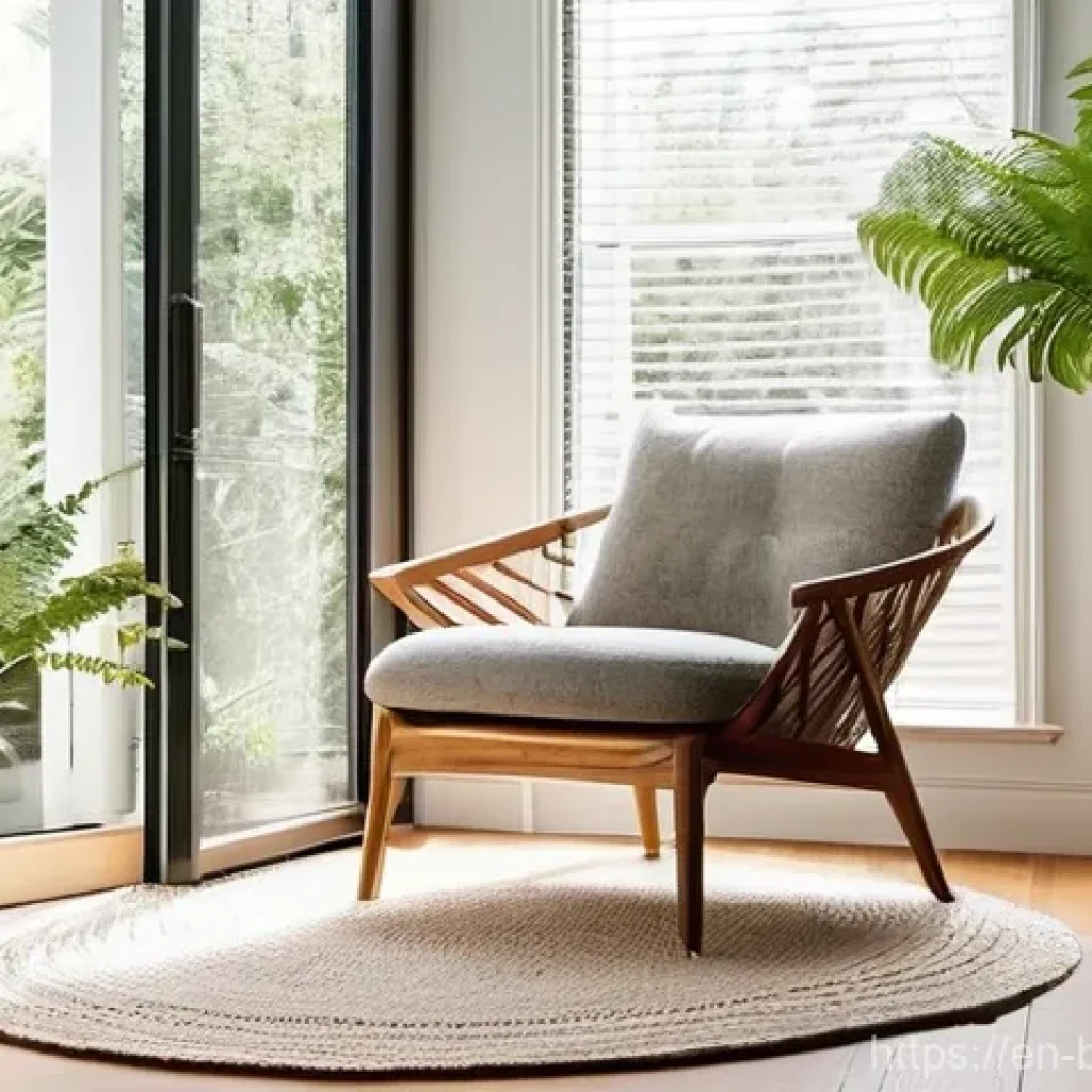 바이오필릭 디자인 요소의 종류 - **Prompt:** A cozy, sun-drenched reading nook designed with biophilic principles. Large, unadorned w...