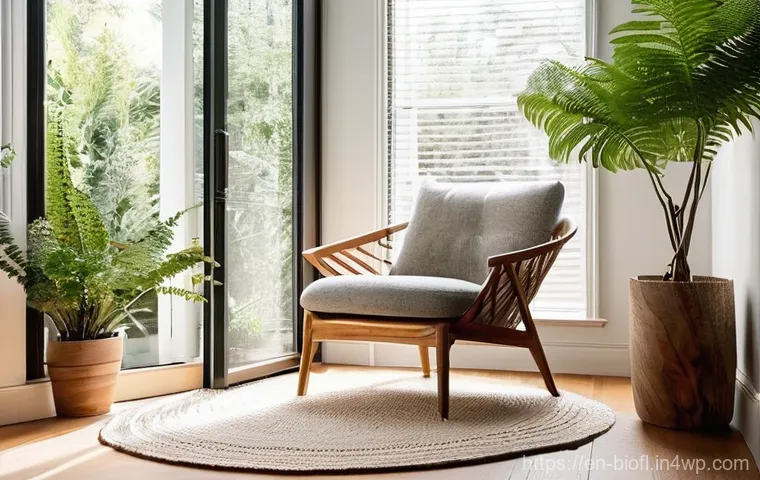 바이오필릭 디자인 요소의 종류 - **Prompt:** A cozy, sun-drenched reading nook designed with biophilic principles. Large, unadorned w...