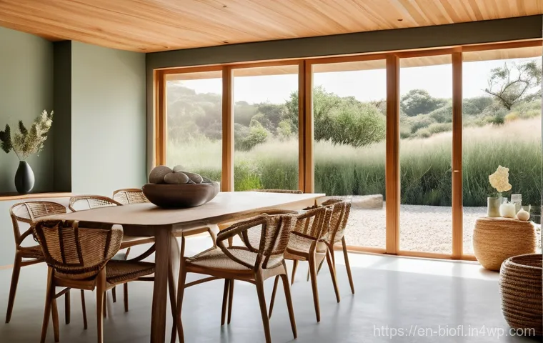 바이오필릭 디자인 요소의 종류 - **Prompt:** A cozy, sun-drenched reading nook designed with biophilic principles. Large, unadorned w...