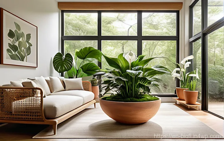 바이오필릭 주거 설계 시 주의 사항 - Image Prompt 1: "Green Oasis Living Room with Abundant Natural Light"**
