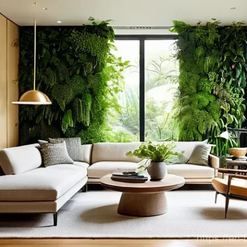 Home 22 바이오필릭 주택의 투자 가치 - **Prompt:** A modern, sun-drenched living room with expansive floor-to-ceiling windows that offer a ...