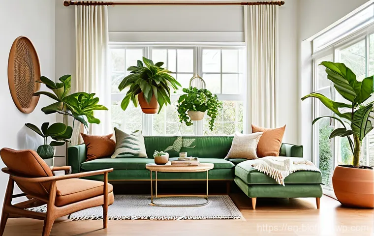 바이오필릭 주거의 비용 효율성 - **A Serene, Sun-Drenched Living Room with Maximized Natural Light and Lush Greenery.**
    *   **Des...