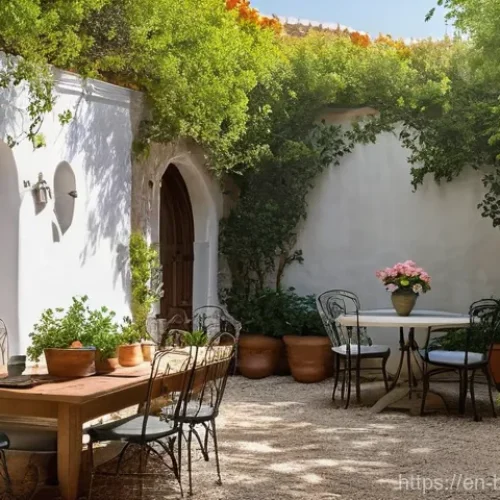 Home 20 바이오필릭 주거의 문화적 맥락 - **Prompt:** A serene and inviting Mediterranean courtyard bathed in warm, dappled sunlight. Lush cit...