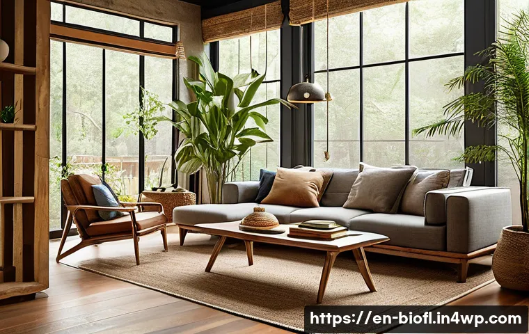 바이오필릭 주거에 대한 일반적인 오해 - A modern living room interior bathed in warm natural light streaming through large floor-to-ceiling ...
