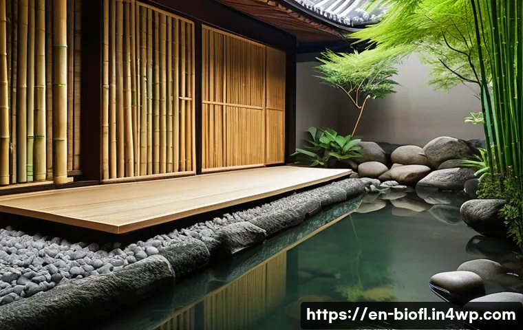 바이오필릭 디자인의 문화적 차이 - A serene East Asian private garden featuring segmented spaces with bamboo groves, smooth river stone...