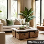 Home 20 바이오필릭 요소를 활용한 DIY 프로젝트 - A cozy living room interior featuring a weathered reclaimed wood coffee table with visible natural i...