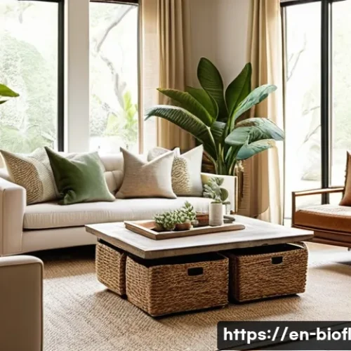 Home 32 바이오필릭 요소를 활용한 DIY 프로젝트 - A cozy living room interior featuring a weathered reclaimed wood coffee table with visible natural i...