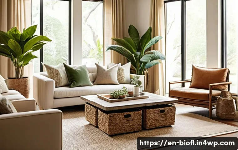 바이오필릭 요소를 활용한 DIY 프로젝트 - A cozy living room interior featuring a weathered reclaimed wood coffee table with visible natural i...