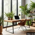 Home 19 바이오필릭 디자인의 미래 비전 - A modern home office interior featuring a variety of lush indoor plants including succulents, ferns,...