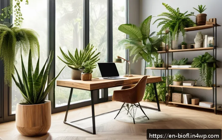 바이오필릭 디자인의 미래 비전 - A modern home office interior featuring a variety of lush indoor plants including succulents, ferns,...
