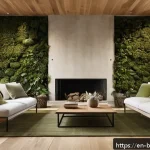Home 18 바이오필릭 주거 프로젝트 관리 가이드 - A spacious, modern living room featuring reclaimed natural wood flooring and a stone accent wall wit...
