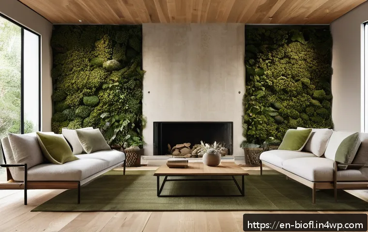 바이오필릭 주거 프로젝트 관리 가이드 - A spacious, modern living room featuring reclaimed natural wood flooring and a stone accent wall wit...