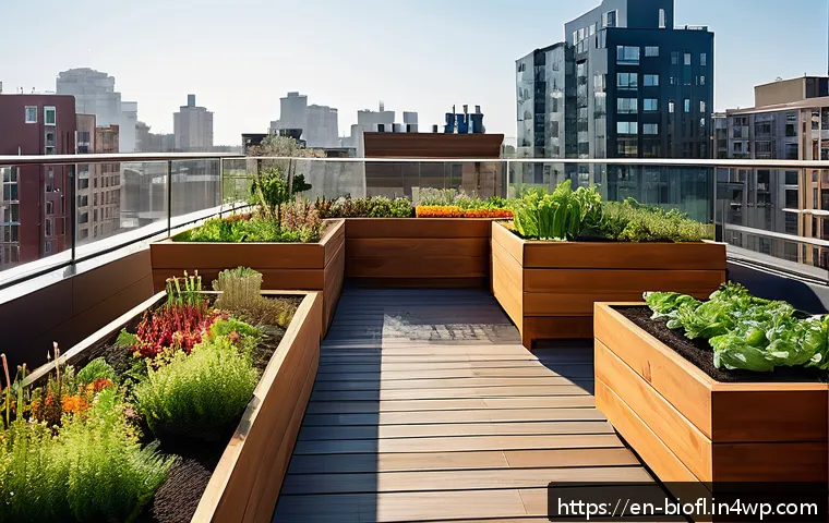바이오필릭 주거에서의 사회적 상호작용 촉진 - A vibrant communal rooftop garden in a modern urban apartment complex during a sunny afternoon, feat...
