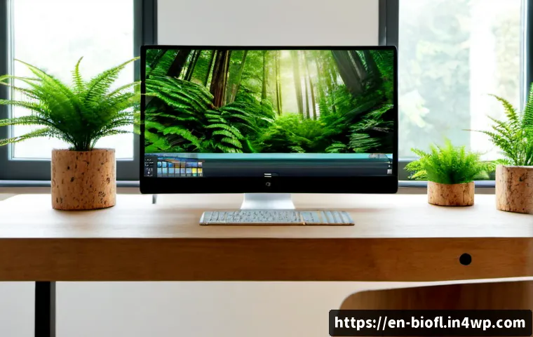바이오필릭 디자인을 위한 소프트웨어 도구 - Photorealistic interior designer’s home office focused on biophilic design software, a large widescr...