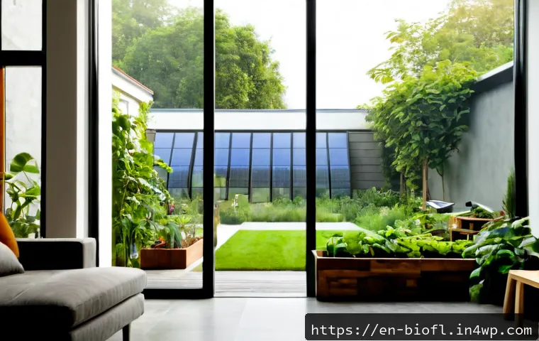 Home 17 바이오필릭 주거에서의 지속 가능한 자원 활용 - Photorealistic modern eco-home living room opening into a lush indoor courtyard, mature leafy plants...