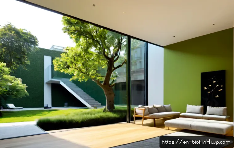 바이오필릭 디자인과 현대 건축의 융합 - Photorealistic wide-angle interior of a contemporary urban home seamlessly integrating biophilic des...