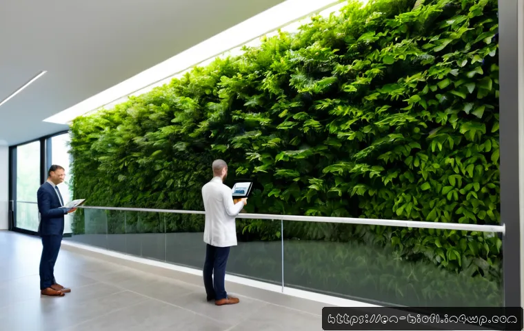 바이오필릭 설계에서 고려해야 할 법적 요소 - Photorealistic architectural compliance review in a bright biophilic office lobby, a diverse team of...